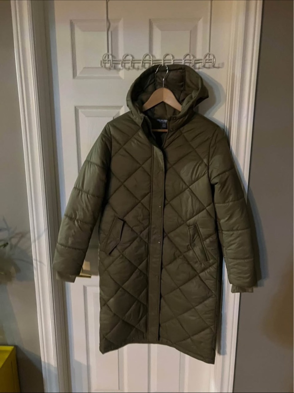 Quilted Hooded Puffer Coat - Olive Green